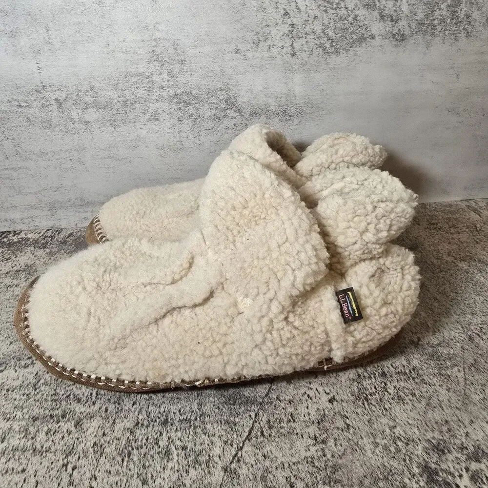 LL Bean Cozy Slippers Cream Pile Fleece Sherpa Comfort Booties Kids Sz 5-6